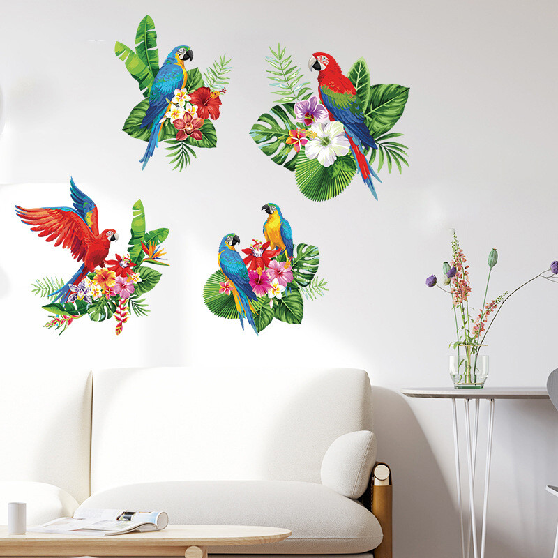 Uus MK8071 Värvitud Rohelised Taimed Lilled Papagoi Lind Seinakleebis Elutoa Magamistoa Sissepääs Kodusein Isekleepuv