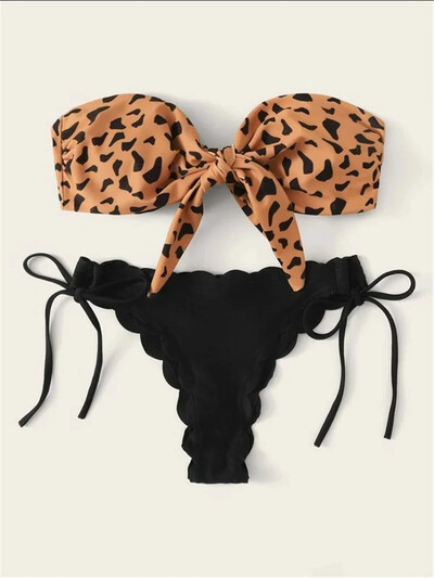 Pludmales bikini, 2024. g. sieviete, seksīga priekšpusē šņorējama kaklasaite, leopards, sieviešu peldkostīms, siksnas peldkostīms