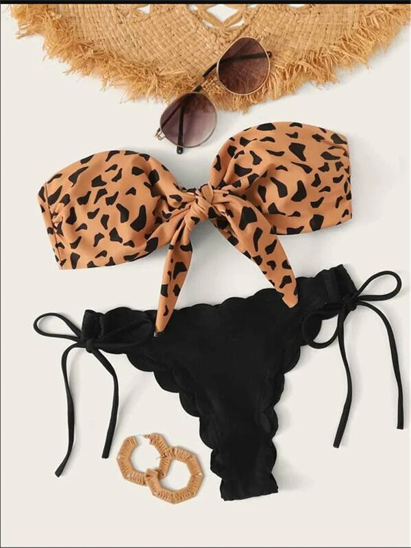 Bikini de plajă 2024 pentru femeie sexy cu dantelă în față cu cravată cu bandă leopard costum de baie pentru femeie Push Up cu volană cu fundă costum de baie tanga