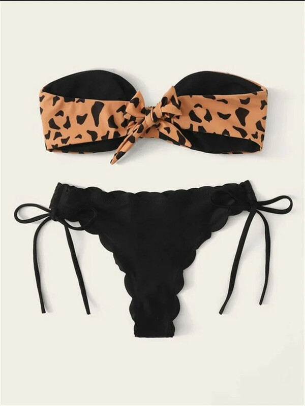Bikini de plajă 2024 pentru femeie sexy cu dantelă în față cu cravată cu bandă leopard costum de baie pentru femeie Push Up cu volană cu fundă costum de baie tanga