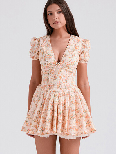 Μίνι καλοκαιρινό φόρεμα NIDANSSI στάμπα, φουσκωτά μανίκια, γυναικεία casual φόρεμα 2024, κομψό σέξι φόρεμα Bodycon, Vestidos