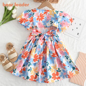 Bear Leader tüdrukute kleidid 2023. aasta suvi uus beebitüdrukute värvilised lillelised lühikeste varrukatega kleidid 3–7-aastastele tüdrukutele