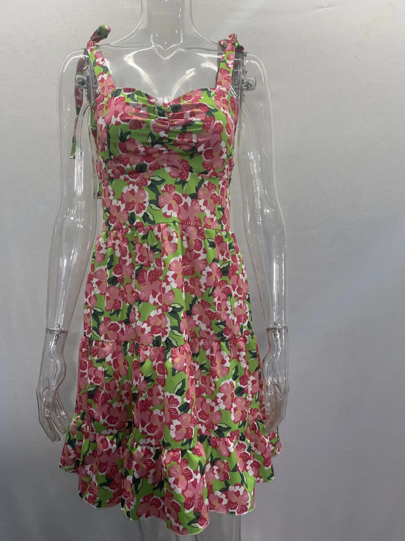 Καλοκαιρινό κοντό φόρεμα Boho 2023 Γυναικείο Μίνι φλοράλ φόρεμα με στάμπα Γυναικείο αμάνικο φόρεμα με στάμπα στη μέση διπλωμένη