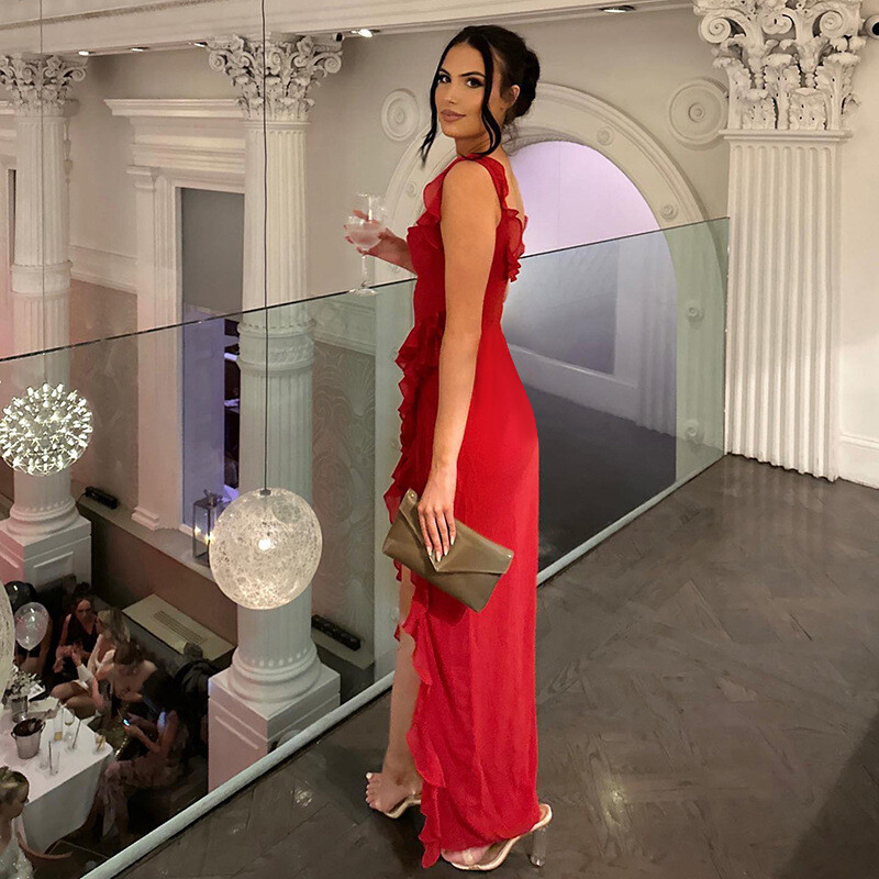 Elegantne volangidega haldjas kleit naistele 2024 ruudukujuline kaelus ebaregulaarne pikk kleit Rannaklubi õhtune pidu, must punane pikk vestid