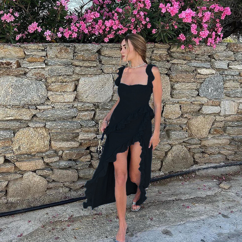 Elegantne volangidega haldjas kleit naistele 2024 ruudukujuline kaelus ebaregulaarne pikk kleit Rannaklubi õhtune pidu, must punane pikk vestid