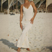 Elegantne V-kaelusega 3D lilleline seljata maksikleit naiste moodsad varrukateta õhukesed kleidid 2024. aasta uued valge daami šikid High Street hommikumantlid