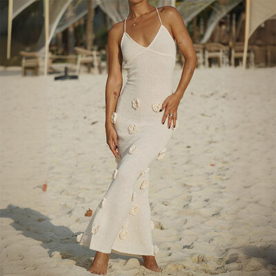 Elegantne V-kaelusega 3D lilleline seljata maksikleit naiste moodsad varrukateta õhukesed kleidid 2024. aasta uued valge daami šikid High Street hommikumantlid