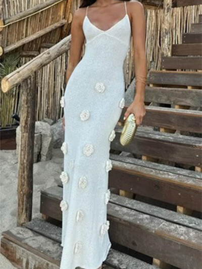 Elegantne V-kaelusega 3D lilleline seljata maksikleit naiste moodsad varrukateta õhukesed kleidid 2024. aasta uued valge daami šikid High Street hommikumantlid