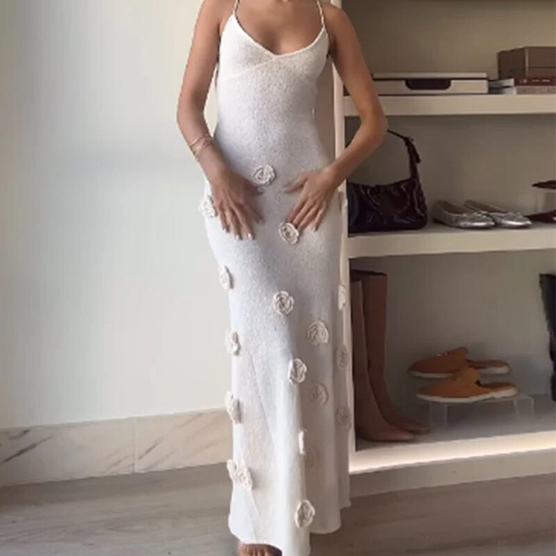 Elegantne V-kaelusega 3D lilleline seljata maksikleit naiste moodsad varrukateta õhukesed kleidid 2024. aasta uued valge daami šikid High Street hommikumantlid