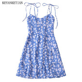 KEYANKETIAN 2024 Νέα Λανσάρισμα Γυναικείο μπλε λευκό φλοράλ φόρεμα καπίστρι Καλοκαιρινό γιορτινό άνεμο Μίνι φόρεμα λεπτό σιφόν