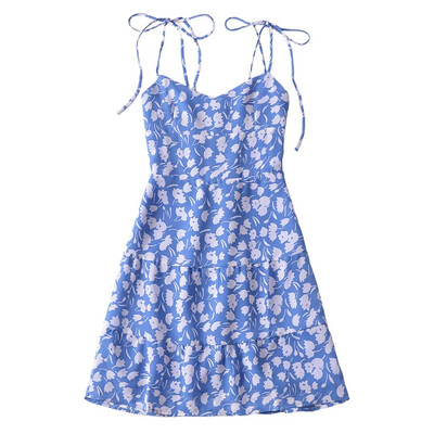 KEYANKETIAN 2024 Νέα Λανσάρισμα Γυναικείο μπλε λευκό φλοράλ φόρεμα καπίστρι Καλοκαιρινό γιορτινό άνεμο Μίνι φόρεμα λεπτό σιφόν