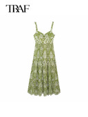 TRAF Γυναικεία αμάνικα φορέματα με λαιμόκοψη με πράσινη στάμπα 2024 Καλοκαιρινή μόδα Γυναικείο vintage μακρύ φόρεμα