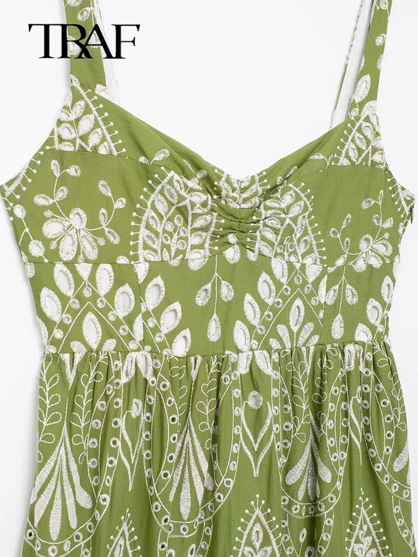 TRAF Γυναικεία αμάνικα φορέματα με λαιμόκοψη με πράσινη στάμπα 2024 Καλοκαιρινή μόδα Γυναικείο vintage μακρύ φόρεμα