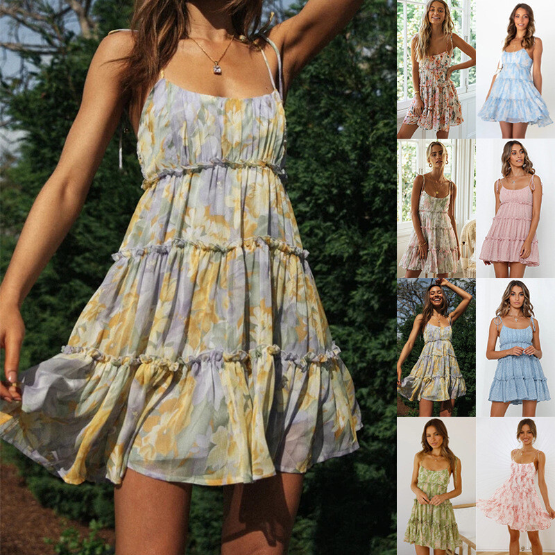 Bowknot spagetirihm, lilleline šifoonist minikleidid, naiste mood Seksikas seljataga elegantne puhkusestiilis kleit naistele, uued vestid