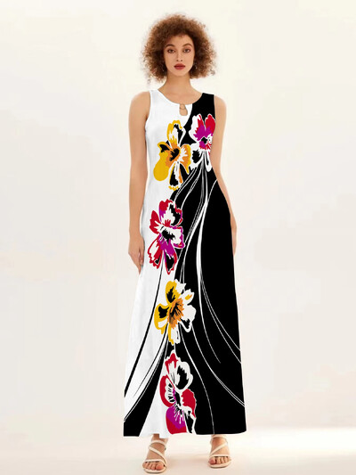 Uus kevad/suvine vabaaja varrukateta pikk kleit naiste V-kaelusega trükitud kleidid Swing Bohemian Retro kleidid A-LINE