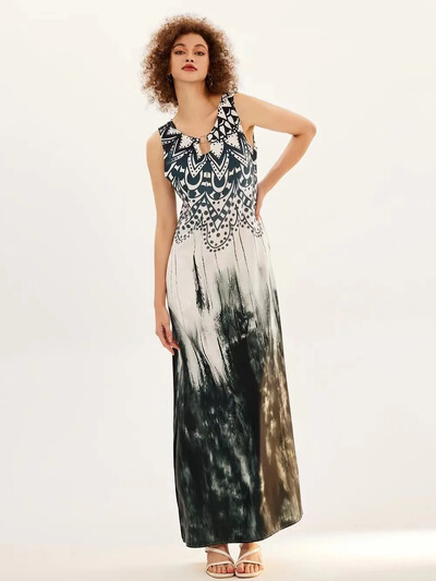 Uus kevad/suvine vabaaja varrukateta pikk kleit naiste V-kaelusega trükitud kleidid Swing Bohemian Retro kleidid A-LINE