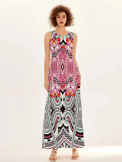 Uus kevad/suvine vabaaja varrukateta pikk kleit naiste V-kaelusega trükitud kleidid Swing Bohemian Retro kleidid A-LINE