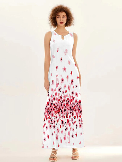 Uus kevad/suvine vabaaja varrukateta pikk kleit naiste V-kaelusega trükitud kleidid Swing Bohemian Retro kleidid A-LINE