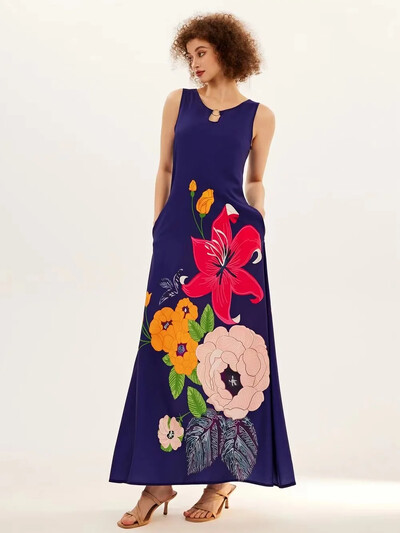 Uus kevad/suvine vabaaja varrukateta pikk kleit naiste V-kaelusega trükitud kleidid Swing Bohemian Retro kleidid A-LINE