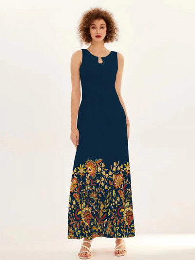 Uus kevad/suvine vabaaja varrukateta pikk kleit naiste V-kaelusega trükitud kleidid Swing Bohemian Retro kleidid A-LINE