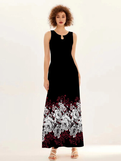 Uus kevad/suvine vabaaja varrukateta pikk kleit naiste V-kaelusega trükitud kleidid Swing Bohemian Retro kleidid A-LINE