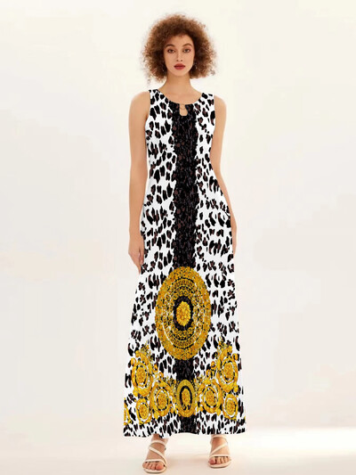 Uus kevad/suvine vabaaja varrukateta pikk kleit naiste V-kaelusega trükitud kleidid Swing Bohemian Retro kleidid A-LINE