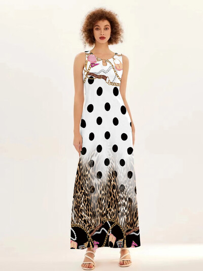 Uus kevad/suvine vabaaja varrukateta pikk kleit naiste V-kaelusega trükitud kleidid Swing Bohemian Retro kleidid A-LINE