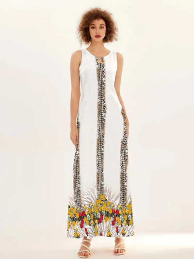 Uus kevad/suvine vabaaja varrukateta pikk kleit naiste V-kaelusega trükitud kleidid Swing Bohemian Retro kleidid A-LINE