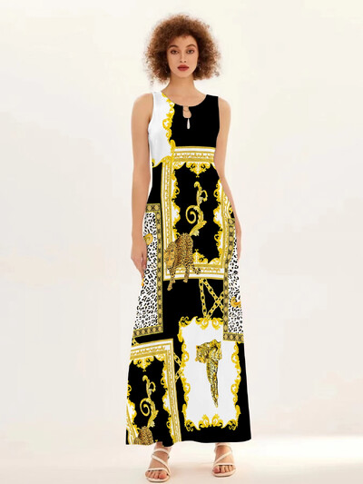 Uus kevad/suvine vabaaja varrukateta pikk kleit naiste V-kaelusega trükitud kleidid Swing Bohemian Retro kleidid A-LINE