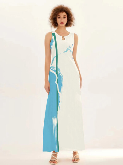 Uus kevad/suvine vabaaja varrukateta pikk kleit naiste V-kaelusega trükitud kleidid Swing Bohemian Retro kleidid A-LINE