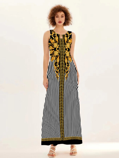 Uus kevad/suvine vabaaja varrukateta pikk kleit naiste V-kaelusega trükitud kleidid Swing Bohemian Retro kleidid A-LINE