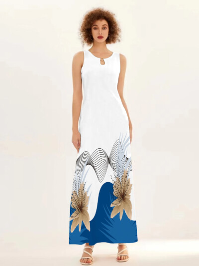 Uus kevad/suvine vabaaja varrukateta pikk kleit naiste V-kaelusega trükitud kleidid Swing Bohemian Retro kleidid A-LINE