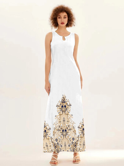 Uus kevad/suvine vabaaja varrukateta pikk kleit naiste V-kaelusega trükitud kleidid Swing Bohemian Retro kleidid A-LINE