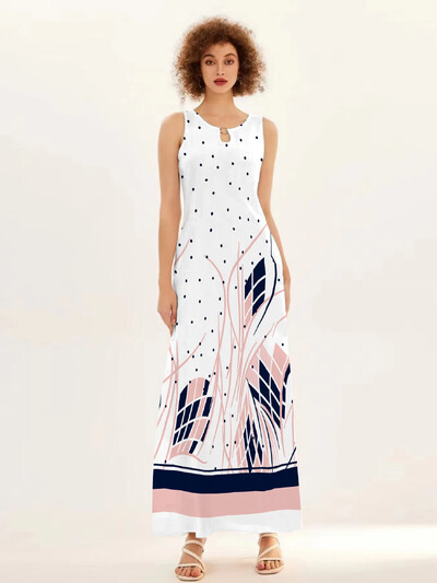 Uus kevad/suvine vabaaja varrukateta pikk kleit naiste V-kaelusega trükitud kleidid Swing Bohemian Retro kleidid A-LINE