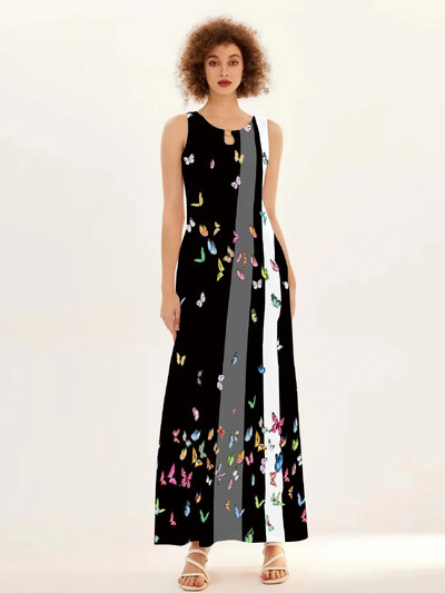 Uus kevad/suvine vabaaja varrukateta pikk kleit naiste V-kaelusega trükitud kleidid Swing Bohemian Retro kleidid A-LINE