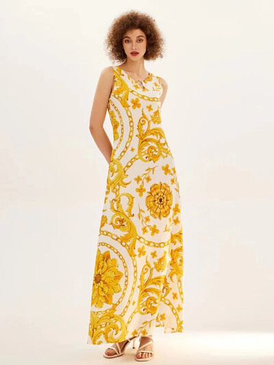 Uus kevad/suvine vabaaja varrukateta pikk kleit naiste V-kaelusega trükitud kleidid Swing Bohemian Retro kleidid A-LINE