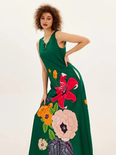 Uus kevad/suvine vabaaja varrukateta pikk kleit naiste V-kaelusega trükitud kleidid Swing Bohemian Retro kleidid A-LINE