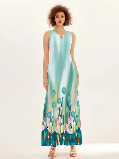 Uus kevad/suvine vabaaja varrukateta pikk kleit naiste V-kaelusega trükitud kleidid Swing Bohemian Retro kleidid A-LINE