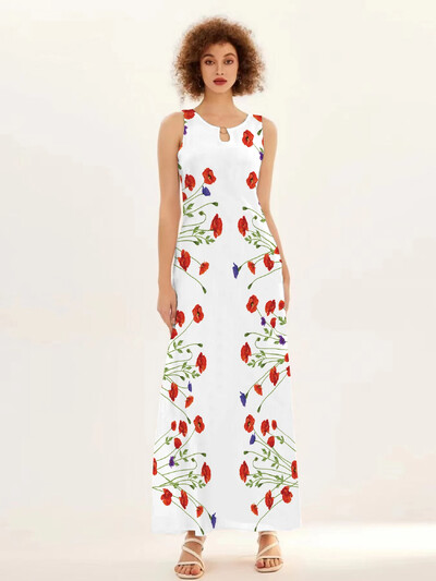 Uus kevad/suvine vabaaja varrukateta pikk kleit naiste V-kaelusega trükitud kleidid Swing Bohemian Retro kleidid A-LINE