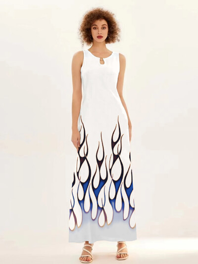 Uus kevad/suvine vabaaja varrukateta pikk kleit naiste V-kaelusega trükitud kleidid Swing Bohemian Retro kleidid A-LINE