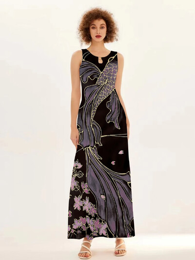 Uus kevad/suvine vabaaja varrukateta pikk kleit naiste V-kaelusega trükitud kleidid Swing Bohemian Retro kleidid A-LINE