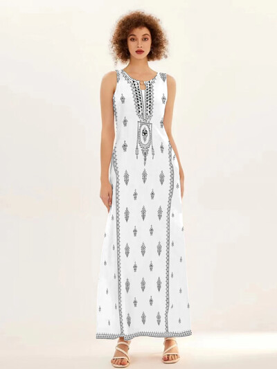 Uus kevad/suvine vabaaja varrukateta pikk kleit naiste V-kaelusega trükitud kleidid Swing Bohemian Retro kleidid A-LINE