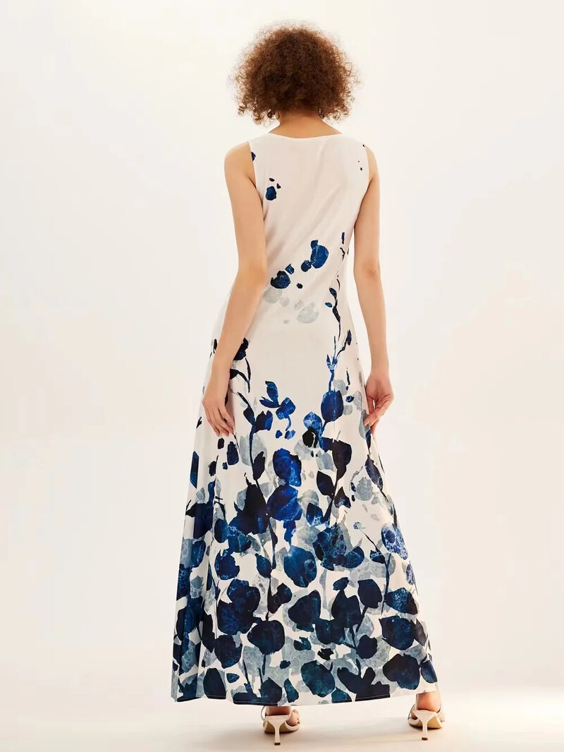 Uus kevad/suvine vabaaja varrukateta pikk kleit naiste V-kaelusega trükitud kleidid Swing Bohemian Retro kleidid A-LINE