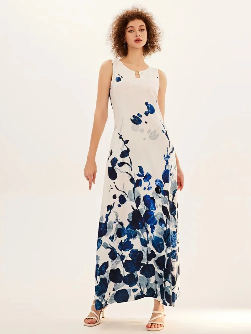 Uus kevad/suvine vabaaja varrukateta pikk kleit naiste V-kaelusega trükitud kleidid Swing Bohemian Retro kleidid A-LINE