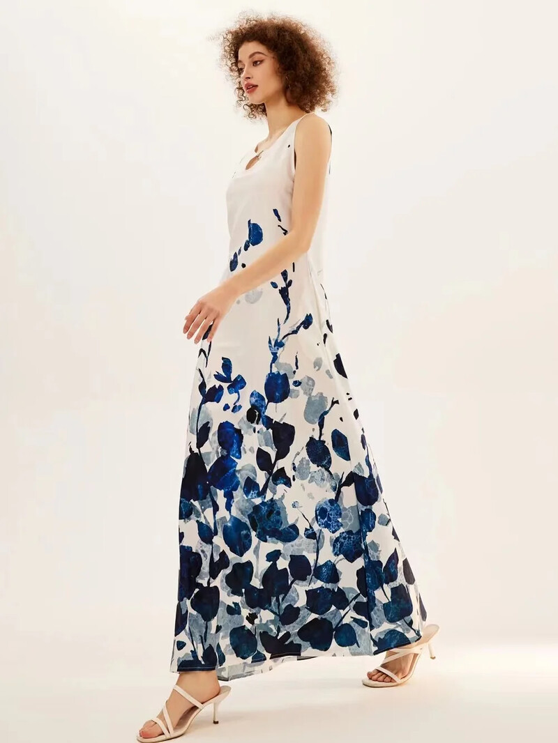 Uus kevad/suvine vabaaja varrukateta pikk kleit naiste V-kaelusega trükitud kleidid Swing Bohemian Retro kleidid A-LINE