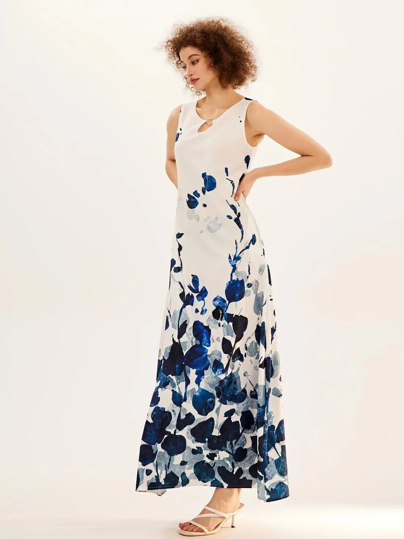 Uus kevad/suvine vabaaja varrukateta pikk kleit naiste V-kaelusega trükitud kleidid Swing Bohemian Retro kleidid A-LINE