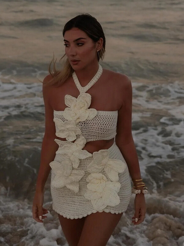 Paplūdimyje megzta gėlėmis moteriška mini suknelė Seksuali, tuščiavidurė rankovė Moteriškos suknelės be nugarų, 2024 m. vasaros madingi moteriški chalatai