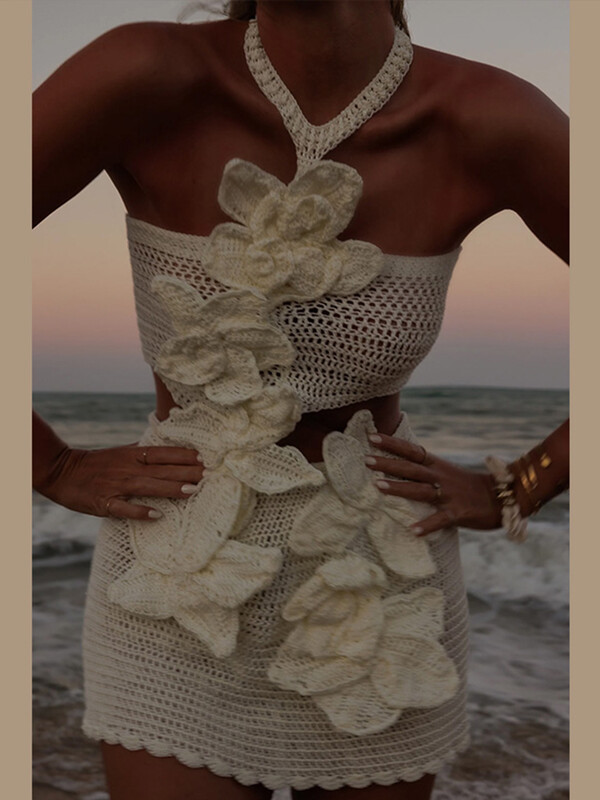 Paplūdimyje megzta gėlėmis moteriška mini suknelė Seksuali, tuščiavidurė rankovė Moteriškos suknelės be nugarų, 2024 m. vasaros madingi moteriški chalatai