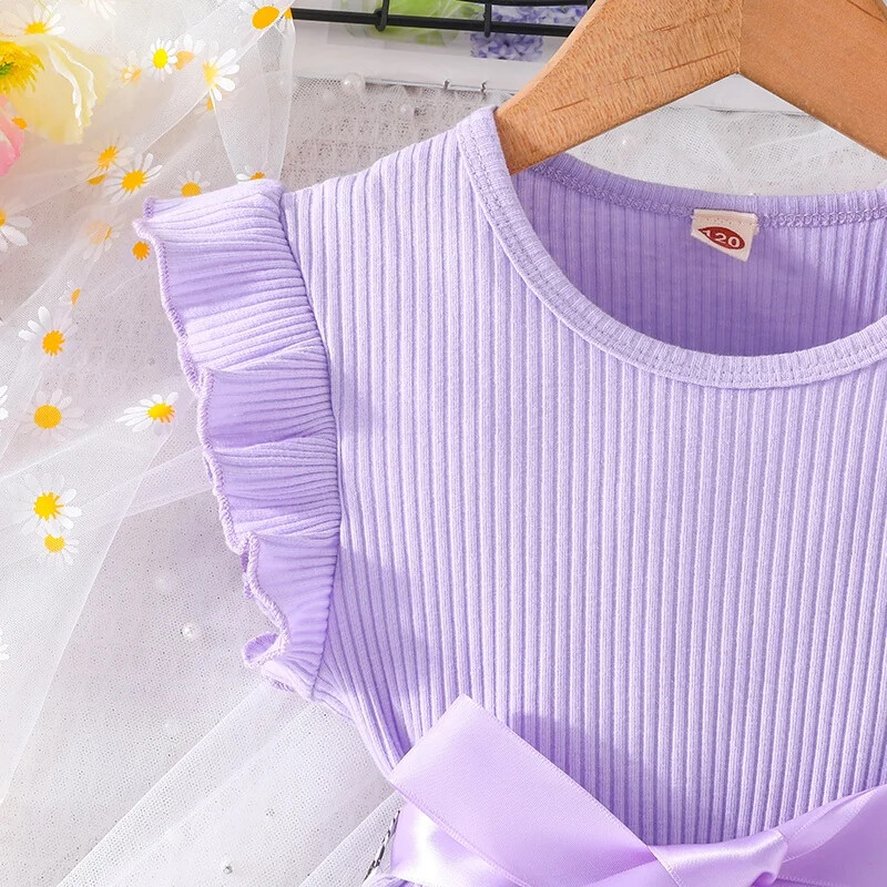 Rinkinys 3-7 metų mergaitei rauktomis rankovėmis drugelis gėlėtas tiulis Mielos princesės iškilmingos suknelės su dirželiu, skirta mergaitei