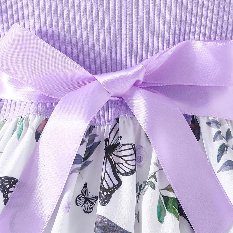 Rinkinys 3-7 metų mergaitei rauktomis rankovėmis drugelis gėlėtas tiulis Mielos princesės iškilmingos suknelės su dirželiu, skirta mergaitei